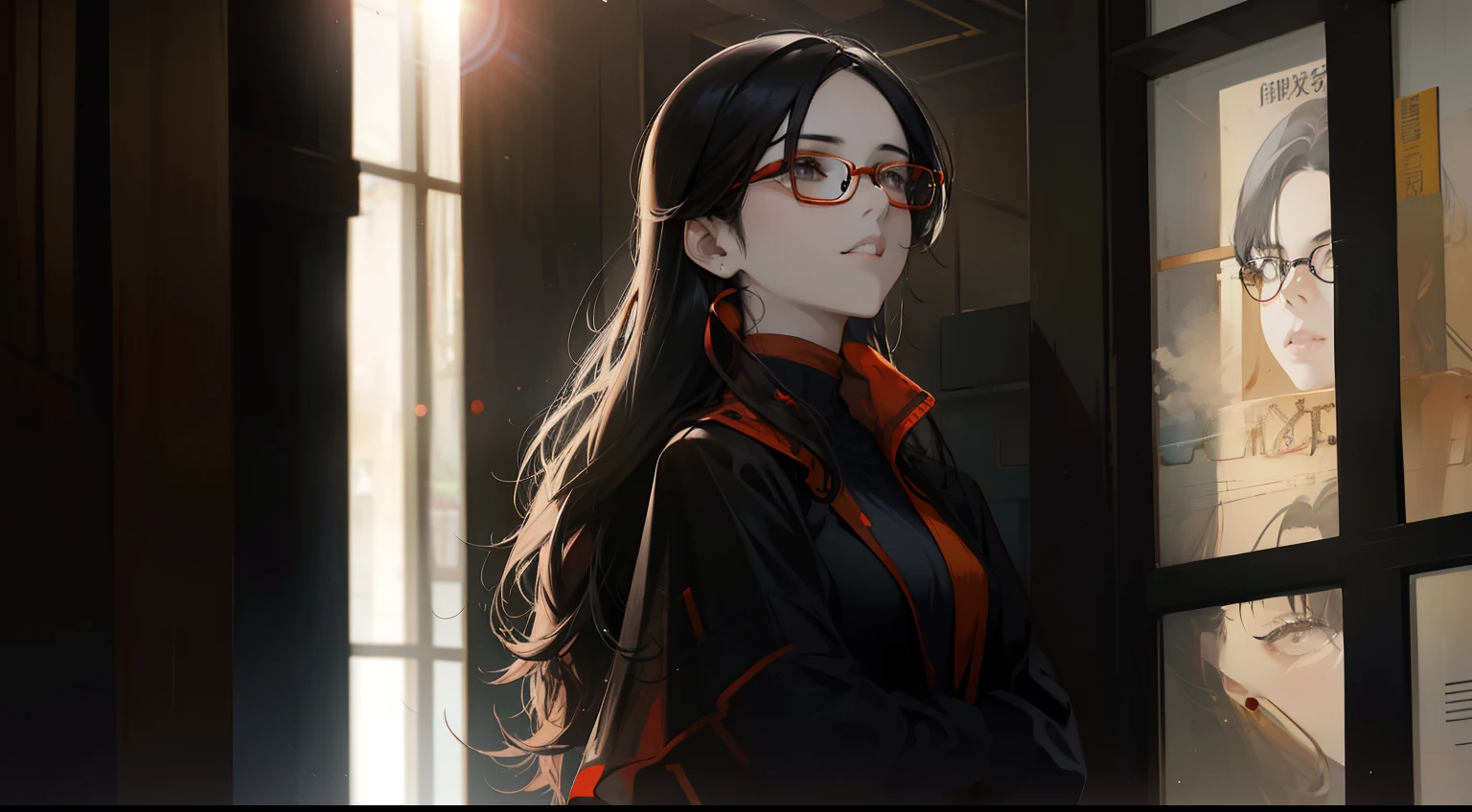 1 female, aldult, Handsome, girl with glasses, Clear glasses, Slim figure, black eyes, black curly hair, Red sweater，Orange turtleneck, sideways, backlit hair, blurred background, indoors