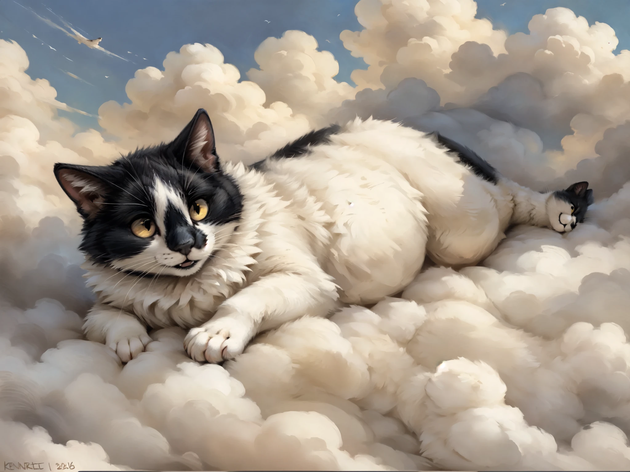 Solo, By kenket, Leo, a black and white cat, chonky, yellow eyes, feral, cute, lying down, on a cloud, floating in the sky, looking happy, content, in heaven