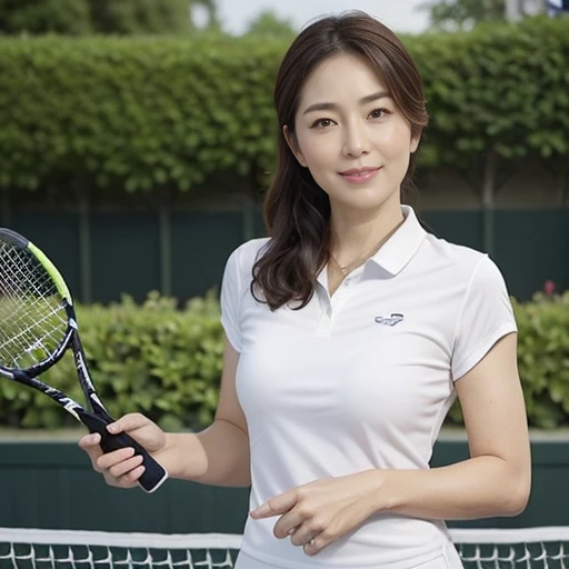 ((standing Pose:1.2)), (Beautiful Photorealistic women:1.15), (Looking at camera:1.1), (she is a Photorealistic beautiful tennis player:1.15), (Perfectly healthy and muscular body, big tits, medium tits:1.2), ((She's wearing tennis wear in tennis coart:1.3)), white wear, (small size:1.1), (8k wallpaper:1.1), Best Quality, Ultra-detailed, finely detail, hight resolution, Perfect dynamic composition, Beautiful detailed eyes, mid-chest, Natural Color Lip, Random and sexy poses, Smile, 48 years beautiful women, tennis coart, (She has a grip on a tennis racket:1.1), Ultra-realistic capture, Highly detailed, High resolution 16k close-up of human skin. Skin texture must be natural, With such detail that pores can be finely identified. Skin should look healthy, In a uniform tone. Use natural light and color、a Japanese actress in her 48s with a bewitchingly beautiful appearance、