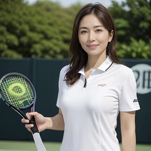 ((standing Pose:1.2)), (Beautiful Photorealistic women:1.15), (Looking at camera:1.1), (she is a Photorealistic beautiful tennis player:1.15), (Perfectly healthy and muscular body, big tits, medium tits:1.2), ((She's wearing tennis wear in tennis coart:1.3)), white wear, (small size:1.1), (8k wallpaper:1.1), Best Quality, Ultra-detailed, finely detail, hight resolution, Perfect dynamic composition, Beautiful detailed eyes, mid-chest, Natural Color Lip, Random and sexy poses, Smile, 48 years beautiful women, tennis coart, (She has a grip on a tennis racket:1.1), Ultra-realistic capture, Highly detailed, High resolution 16k close-up of human skin. Skin texture must be natural, With such detail that pores can be finely identified. Skin should look healthy, In a uniform tone. Use natural light and color、a Japanese actress in her 48s with a bewitchingly beautiful appearance、