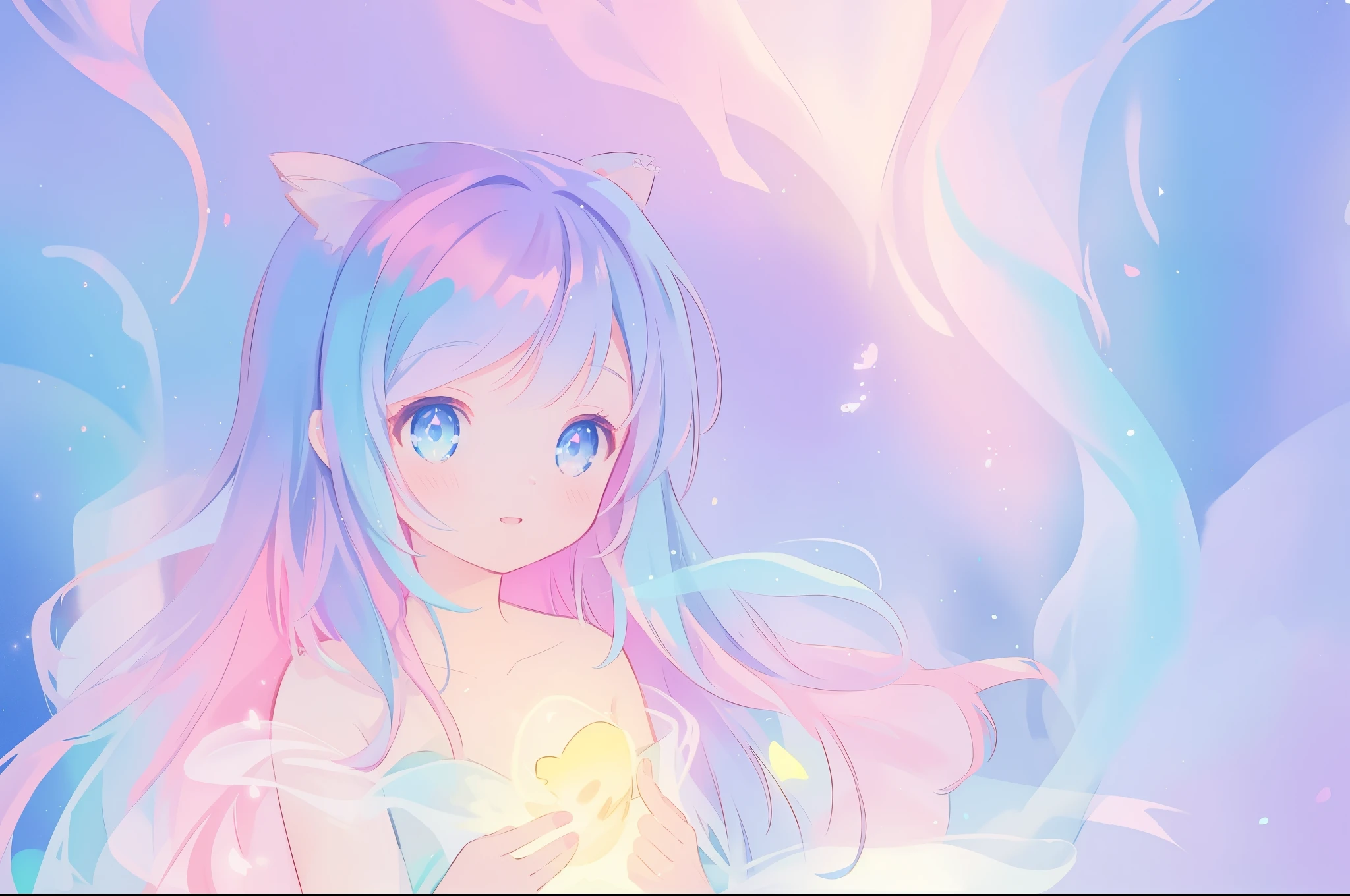 beautiful anime girl, portrait, vibrant pastel colors, (colorful), magical lights, long flowing colorful hair, inspired by Glen Keane, inspired by Lois van Baarle, disney art style, by Lois van Baarle, glowing aura around her, by Glen Keane, jen bartel, glowing lights! digital painting, flowing glowing hair, glowing flowing hair, beautiful digital illustration, fantasia background, whimsical, magical, fantasy, beautiful face, ((masterpiece, best quality)), intricate details, highly detailed, sharp focus, 8k resolution, sparkling detailed eyes, liquid watercolor