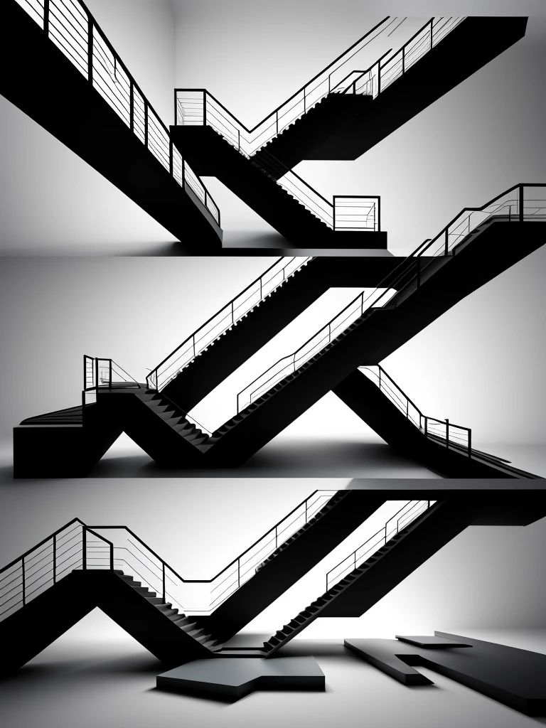 Create two images featuring optical illusions. The first image should include a classic impossible triangle, creating a visual paradox that challenges perception. The second image should be a play of perspective, where stairs seem to ascend and descend simultaneously, leading nowhere and everywhere. Both images should be designed to intrigue and confuse the viewer, using a combination of geometric shapes, lines, and contrasting colors to enhance the illusionary effect. These optical illusions should be visually striking and mind-bending, capturing the essence of visual trickery.