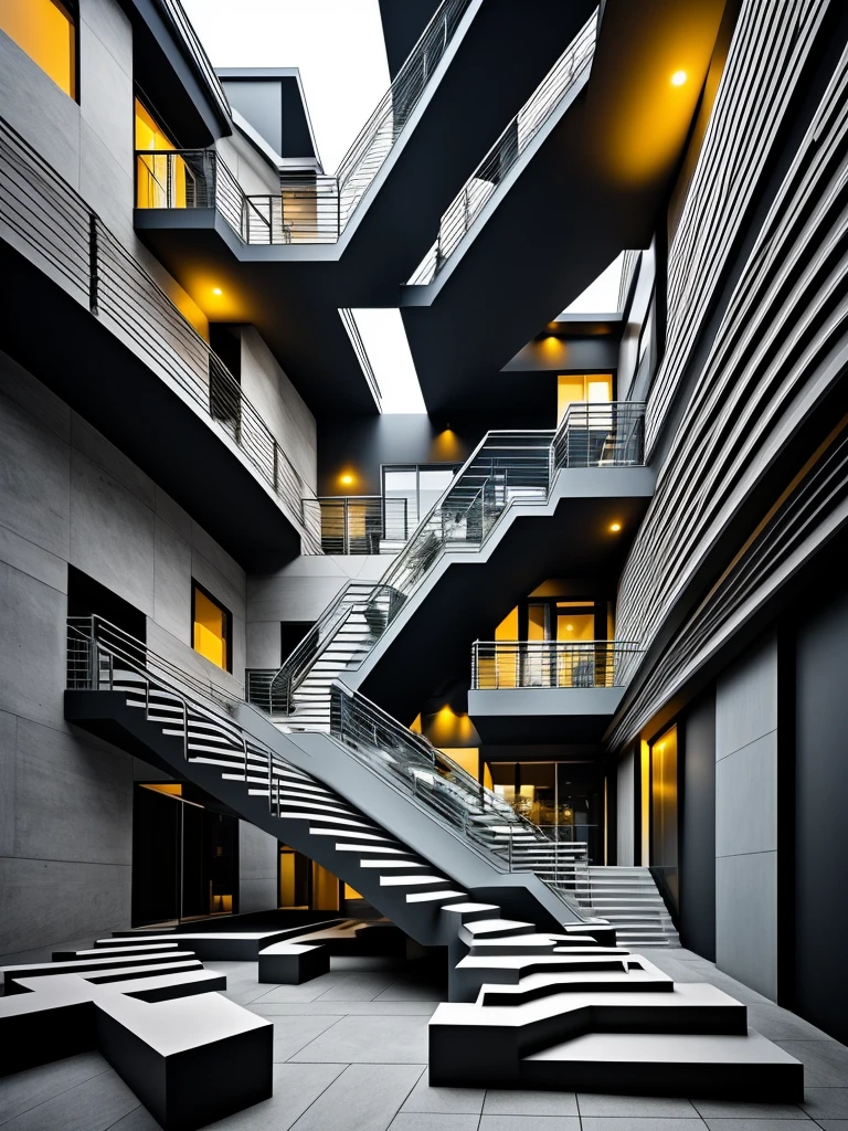 Create two images featuring optical illusions. The first image should include a classic impossible triangle, creating a visual paradox that challenges perception. The second image should be a play of perspective, where stairs seem to ascend and descend simultaneously, leading nowhere and everywhere. Both images should be designed to intrigue and confuse the viewer, using a combination of geometric shapes, lines, and contrasting colors to enhance the illusionary effect. These optical illusions should be visually striking and mind-bending, capturing the essence of visual trickery.