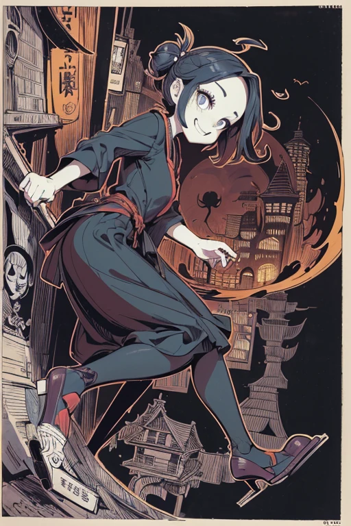 ((Front or side angle)), (((in the city))), (((cartoon style))), ((cartoonish)), ((cartoon illustration)), (Line drawing style illustration), (rough sketch), ((Outline warm color)), (eerie), (full body), (doll-like face), (horror factor), eerie worldview, Maine is a monster, possessed body, Japanese style tool, personification of junk, Japanese Monsters, (Dark atmosphere), (Mysterious Variants), (spooky look), (Crazy smile), (crazy face), looks like a person, ((masterpiece)), ((high resolution)), ((super delicate)), ((8k)), (Distinctive hair style), (Creative accessories), madness, ((Draft cartoon style)), ((wallpaper)), ((Diverse angles)), Comic Style Illustrations, (drawing style), (individualistic atmosphere), Fantasy Town, extra
