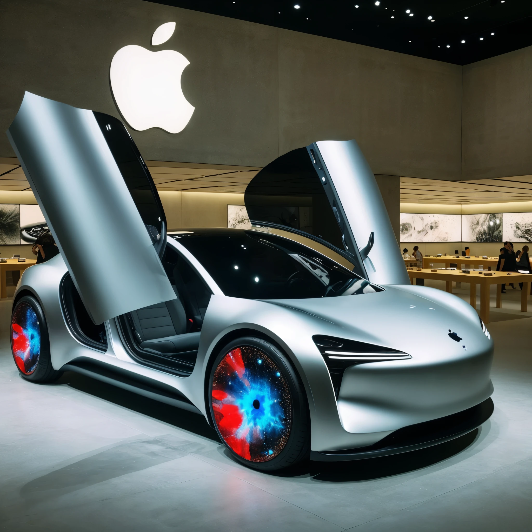 An Apple car designed in the spirit and aesthetic of apple products, high-end product design, car show, doors open, lights on, show car, apple car