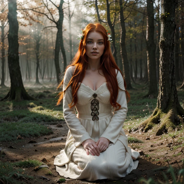 Beautiful firey red haired maiden , in a celtic winter woodland, she embodies the goddess Brigid, snowdrop flowers burst through patches of dnow, mist, magical lighting