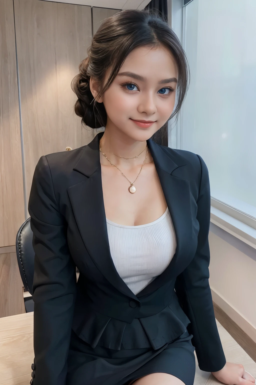 Beautiful, cute baby Face, ************ russian ****ta Girl, blue eyes, chignon black hair, hair ornaments, wearing office suit, peplum blazer, micro skirt, secretary, medium breast, slightly Chubby , luxury necklace, White Skin, Smiling, office room Background, full body portrait, high heels, Perfect Potrait, Bokeh Effect, Look at Viewer, Armpit, Perfect Eye, Perfect Hand, Perfect Finger, Bracelet, Ring, ((adorable:1.2)), ((masterpiece:1.1)), ((bokeh:1.2)),