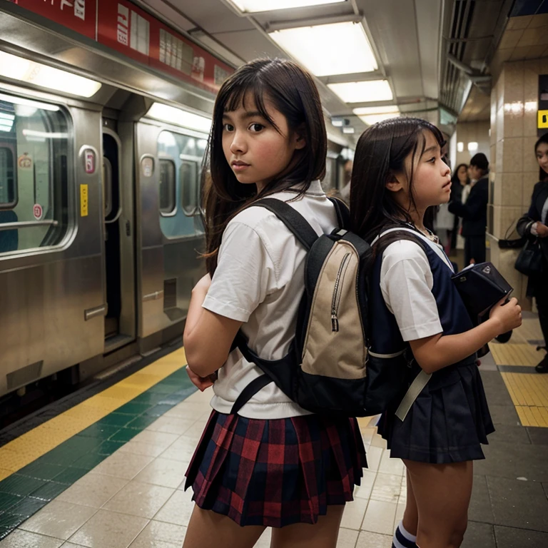 A beautiful -yeld giwith Asian features dressed as a schoolgir short socks with her backpack on her back in a subway station with her little sister