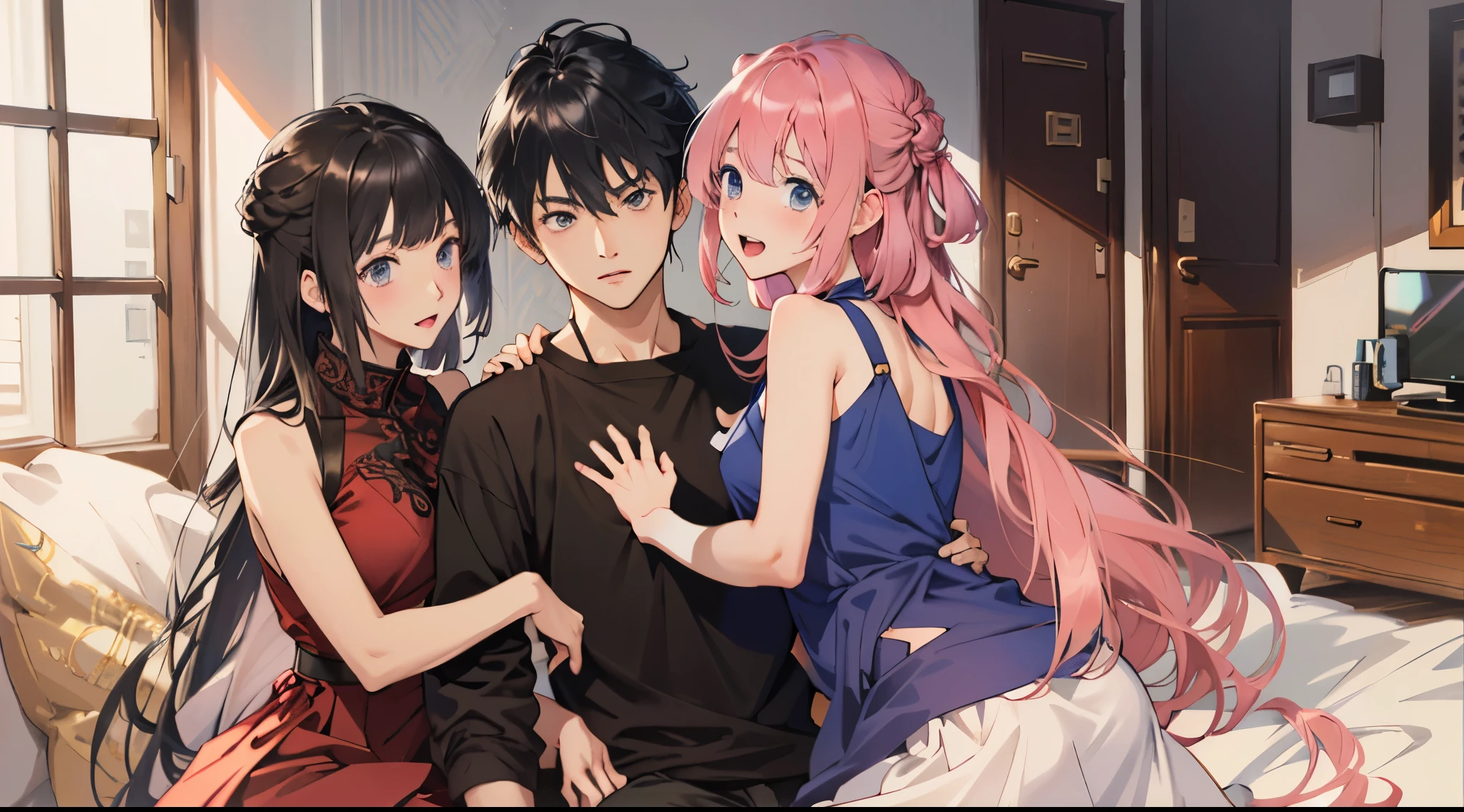 anime characters posing for a picture in a room with a window, visual novel cg, visual novel key visual, anime style 4 k, anime moe artstyle, ; visual novel, anime art wallpaper 8 k, anime in fantasy style, anime style. 8k, high quality anime artstyle, 4 k manga wallpaper, doki doki literature club, 4k anime wallpaper, garotas sexys, roupas sexys, garotas com roupas sensuais, biquini sensual, garotas com roupa de banho