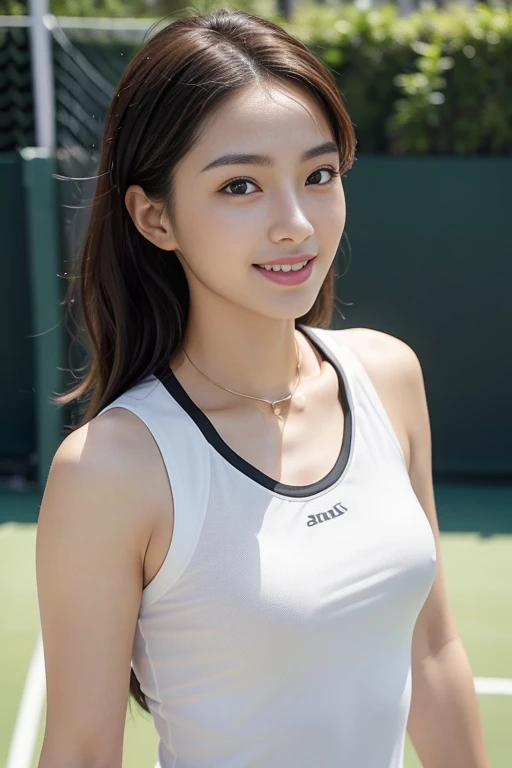 ((full body, Dynamic standing Pose:1.2)), (Beautiful Photorealistic women:1.15), (Looking at camera:1.1), (she is a Photorealistic beautiful tennis player:1.15), (Perfectly healthy and muscular body, big tits, medium tits:1.2), ((She's wearing tennis wear in tennis coart:1.3)), white wear, (small size:1.1), (8k wallpaper:1.1), Best Quality, Ultra-detailed, finely detail, hight resolution, Perfect dynamic composition, Beautiful detailed eyes, mid-chest, Natural Color Lip, Random and sexy poses, Smile, 28 years beautiful women, tennis coart, (She has a grip on a tennis racket:1.1), Ultra-realistic capture, Highly detailed, High resolution 16k close-up of human skin. Skin texture must be natural, With such detail that pores can be finely identified. Skin should look healthy, In a uniform tone. Use natural light and color、a Japanese actress in her 28s with a bewitchingly beautiful appearance、
