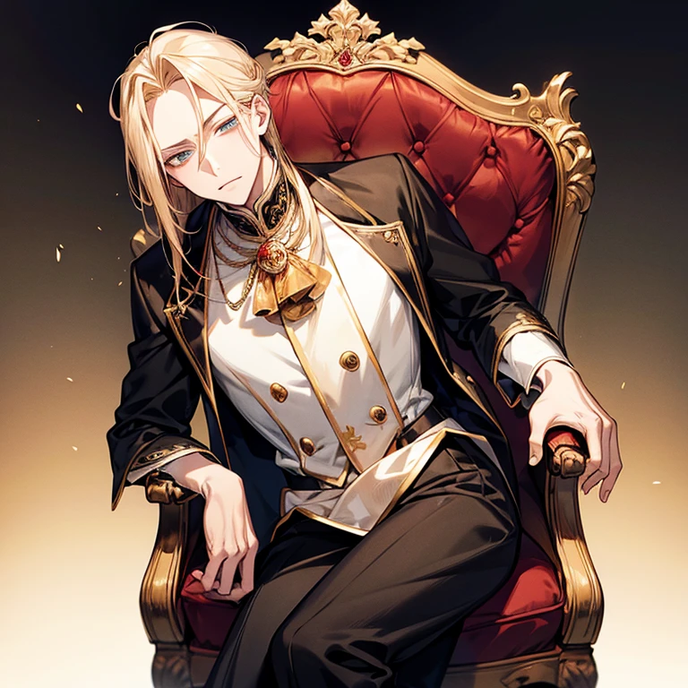short blond anime man sitting on a chair,show one forehead,parting bangs,Golden Eyes,光るGolden Eyes,black and red royal clothes,Blonde madman