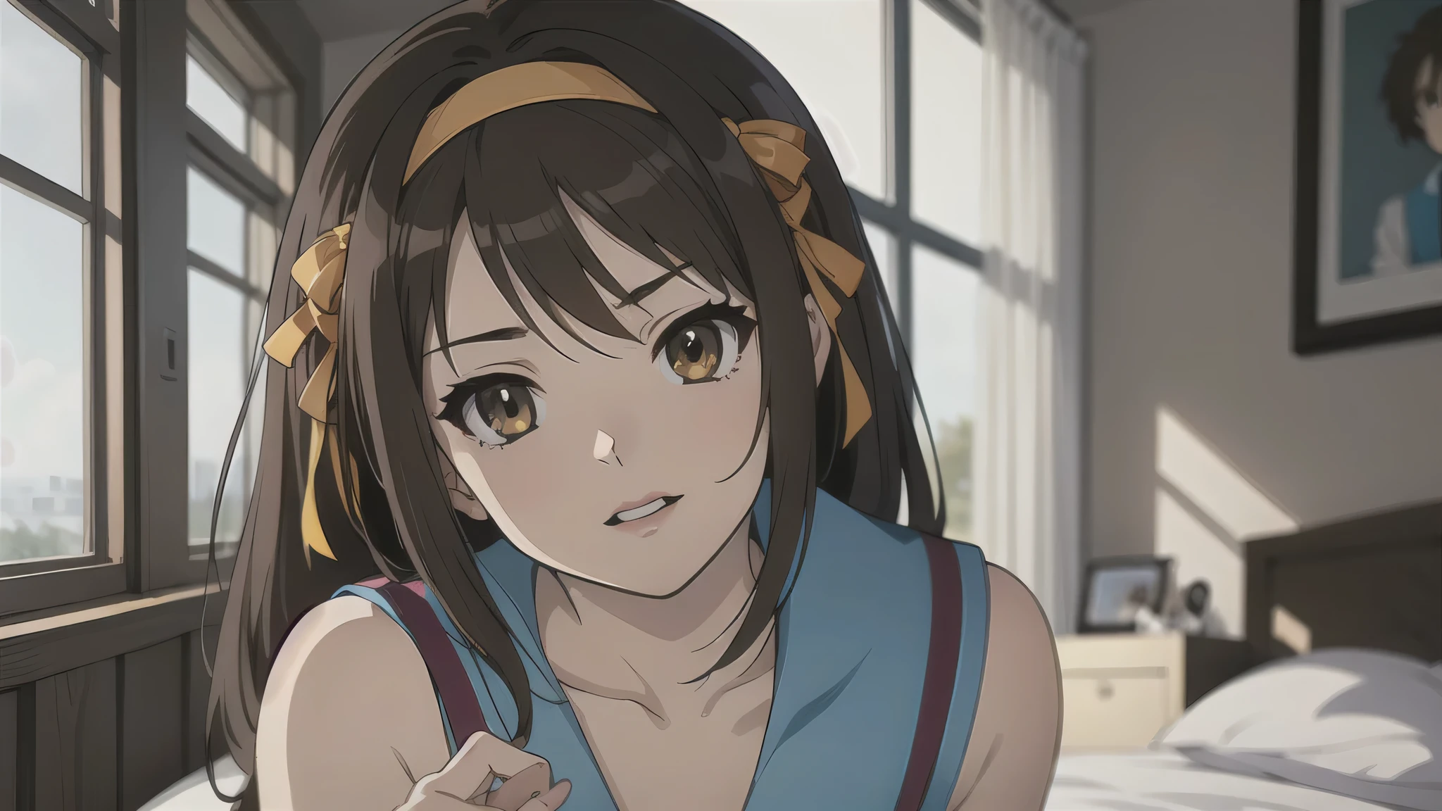 (A superb exquisite haruhi suzumiya), (haruhi suzumiya:1.5), (kyoani haruhi style Uniform:1.5), brown eyes, brown hair, natural straight hair, hairband, ribbon, straight bangs, solo, nature, extremely delicate, straight facial features, peerless beautiful girl, soft, (sensual face), ((ecchi face)), dreamy quality, exaggerated facial features, solid color, frank holly, delicate face, bright lips, slender waist, soft curves, real light and shadow, super fine, 4k, natural moving, Ultra high resolution, (masterpiece:1.2, best quality), (finely detailed beautiful eyes: 1.2), (beautiful detailed face), sexy semi-nude model, sexy pose, Ultra high definition white bra and panties, erect nipples,Medium chest, slender body, (bedroom), 