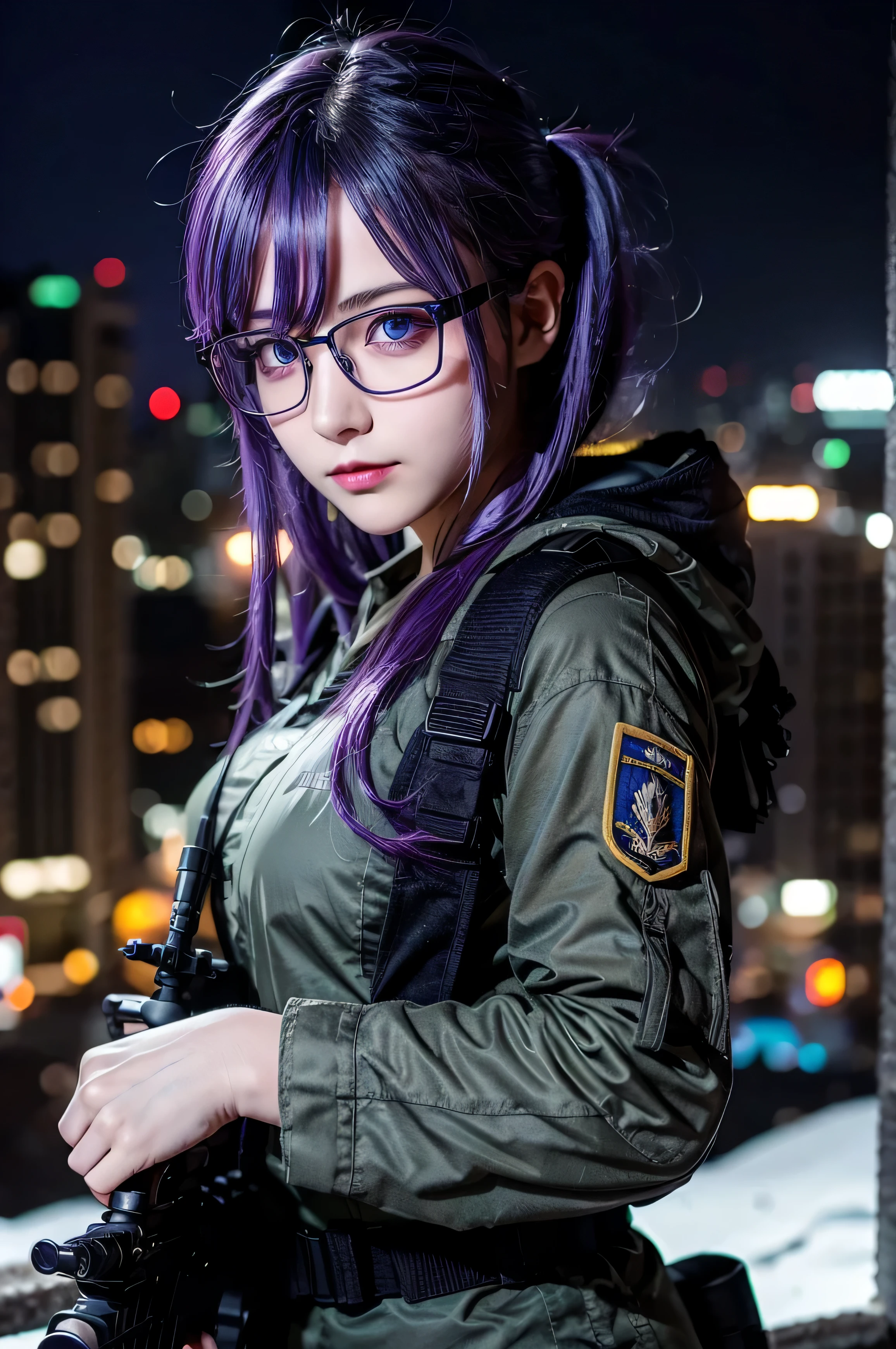 1 girl, purple hair, blue beautiful eyes, tactical gear, military, city. Night, winter, glasses, military gear, military rifle, HDR, sharp focus, ultra-detailed