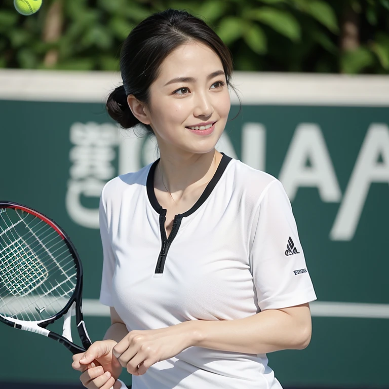 ((full body, Dynamic standing Pose:1.2)), (Beautiful Photorealistic women:1.15), (Looking at camera:1.1), (she is a Photorealistic beautiful tennis player:1.15), (Perfectly healthy and muscular body, big tits, medium tits:1.2), ((She's wearing tennis wear in tennis coart:1.3)), white wear, (small size:1.1), (8k wallpaper:1.1), Best Quality, Ultra-detailed, finely detail, hight resolution, Perfect dynamic composition, Beautiful detailed eyes, mid-chest, Natural Color Lip, Random and sexy poses, Smile, 28 years beautiful women, tennis coart, (She has a grip on a tennis racket:1.1), Ultra-realistic capture, Highly detailed, High resolution 16k close-up of human skin. Skin texture must be natural, With such detail that pores can be finely identified. Skin should look healthy, In a uniform tone. Use natural light and color、a Japanese actress in her 28s with a bewitchingly beautiful appearance、
