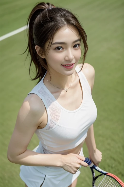 ((full body, Dynamic standing Pose:1.2)), (Beautiful Photorealistic women:1.15), (Looking at camera:1.1), (she is a Photorealistic beautiful tennis player:1.15), (Perfectly healthy and muscular body, big tits, medium tits:1.2), ((She's wearing tennis wear in tennis coart:1.3)), white wear, (small size:1.1), (8k wallpaper:1.1), Best Quality, Ultra-detailed, finely detail, hight resolution, Perfect dynamic composition, Beautiful detailed eyes, mid-chest, Natural Color Lip, Random and sexy poses, Smile, 28 years beautiful women, tennis coart, (She has a grip on a tennis racket:1.1), Ultra-realistic capture, Highly detailed, High resolution 16k close-up of human skin. Skin texture must be natural, With such detail that pores can be finely identified. Skin should look healthy, In a uniform tone. Use natural light and color、a Japanese actress in her 28s with a bewitchingly beautiful appearance、