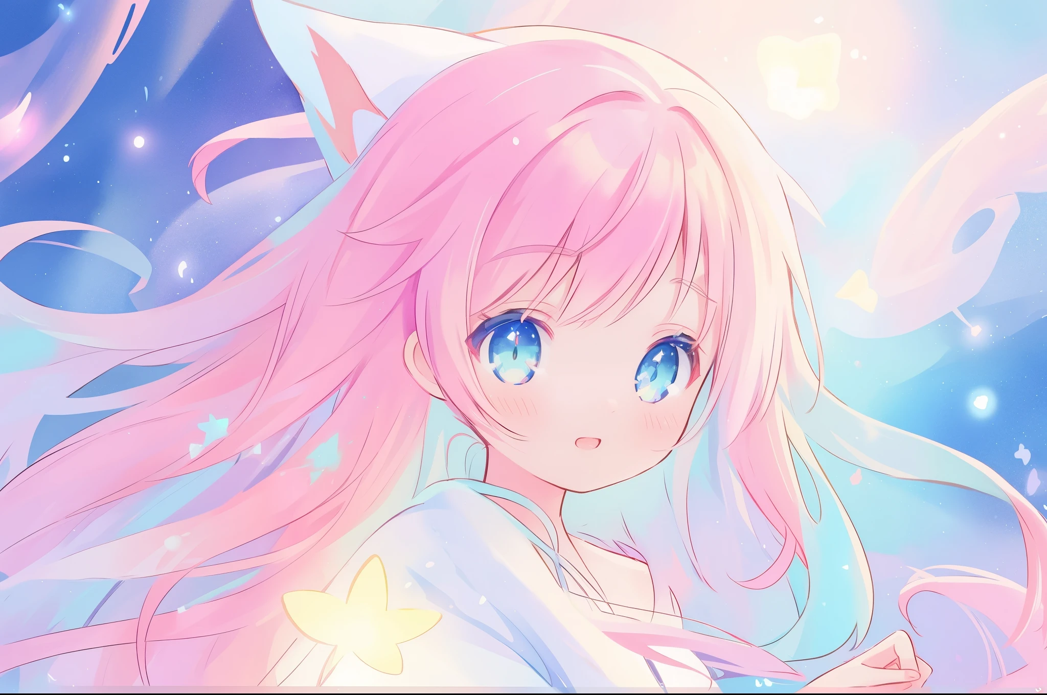 beautiful anime girl, portrait, vibrant pastel colors, (colorful), magical lights, long flowing colorful hair, inspired by Glen Keane, inspired by Lois van Baarle, disney art style, by Lois van Baarle, glowing aura around her, by Glen Keane, jen bartel, glowing lights! digital painting, flowing glowing hair, glowing flowing hair, beautiful digital illustration, fantasia background, whimsical, magical, fantasy, beautiful face, ((masterpiece, best quality)), intricate details, highly detailed, sharp focus, 8k resolution, sparkling detailed eyes, liquid watercolor