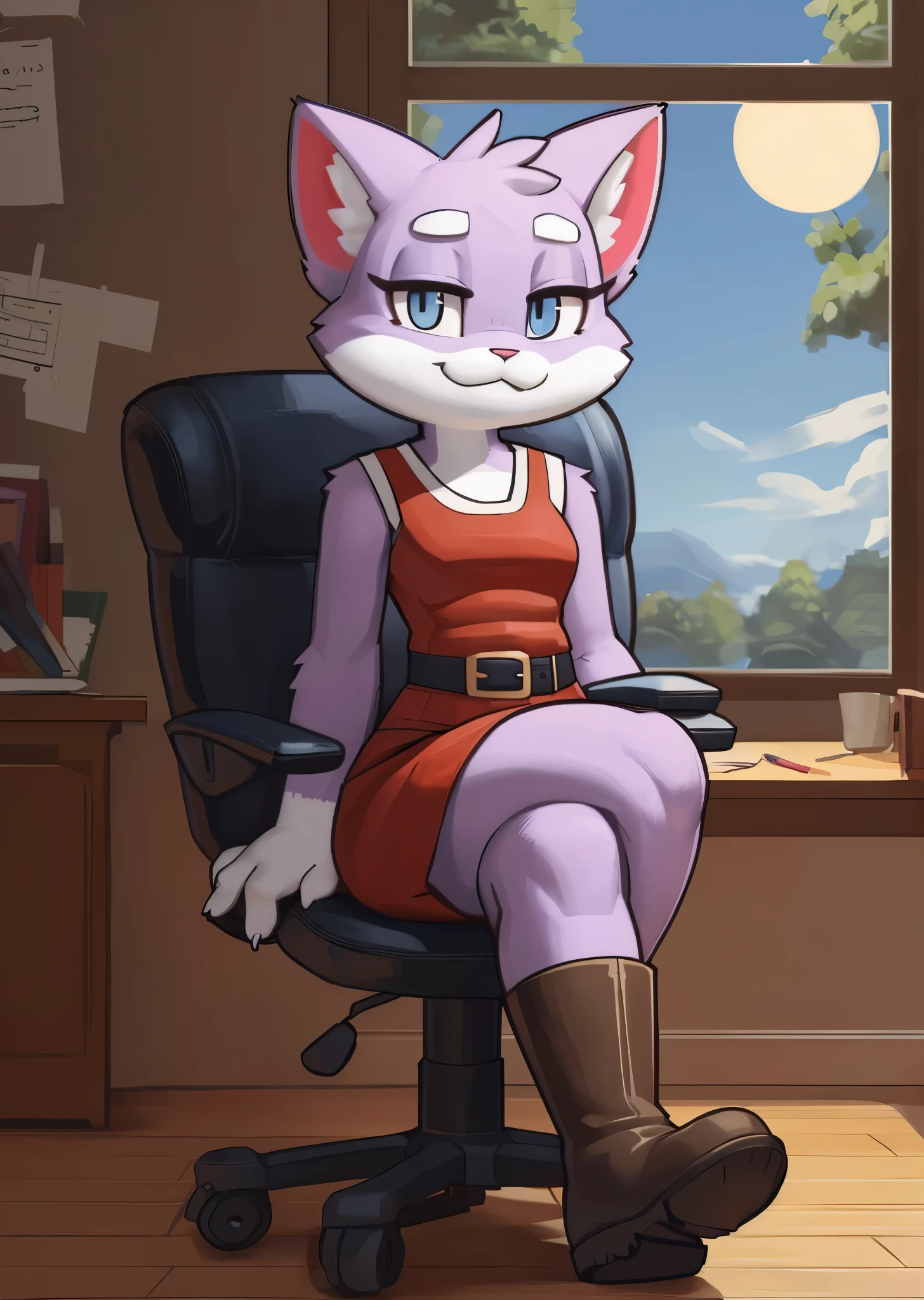 [Shima Luan], [planet dolan], [Uploaded to e621.net; (wamudraws), (Pixelsketcher), (mayosplash)], ((masterpiece)), ((HD)), ((high res)), ((solo portrait)), ((full body)), ((front view)), ((feet visible)), ((furry; anthro)), ((detailed fur)), ((detailed shading)), ((beautiful render art)), {female anthro cat; (pink fur), (cute light-blue eyes), (half-closed eyes), (long eyelashes), (white eyebrows), (sharp white claws), (curvy hips), (beautiful legs), (cute smirk)}, {(red sleeveless top), (short red pencil skirt), (waist belt), (brown boots), (white fluff lining on boots)}, {(sitting on office chair), (crossed legs), (looking at viewer)}, [background; (office), (window), (blue sky), (trees), (sun rays)]

