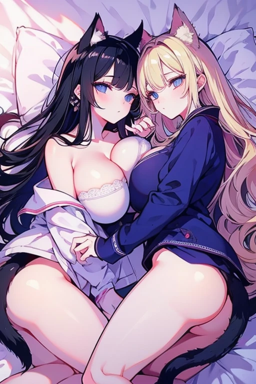 unparalleled beauty,perfect face、bedroom、lie on the bed、(two girls、too big breasts),perfect eyes、blue eye、 Xin Haicheng、animal ears、Animal tail、a blonde and a black hair、In underwear、pajamas、how would it look then'Sleeping、kiss