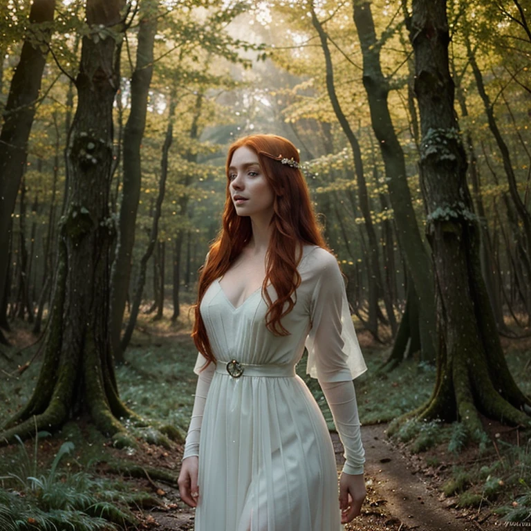 Beautiful firey red haired maiden , in a celtic winter woodland, she embodies the goddess Brigid, snowdrop flowers burst through patches of dnow, mist, magical lighting. pre-raphaelite masterpiece, Extremely beautiful young fantasy princess in aesthetic forest, Glow, archs, red hair, Backlit hair, Photorealistic, Dreamy, soft focus effect ,Sheer dress