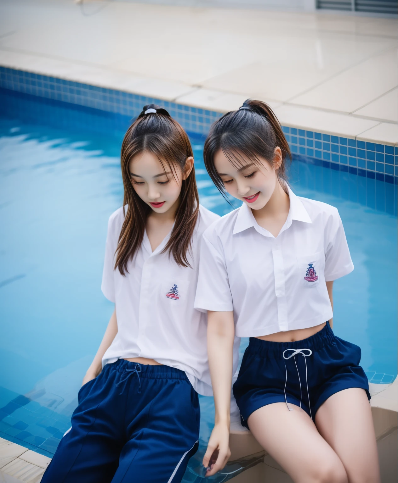 2 girls in the swimming pool, Navy blue short-sleeved shirt,Navy Long Trackpant,Sweatpants, Sweatpantsขายาว,25 year old girl, lesbian, sexy, exercise clothes, wet body