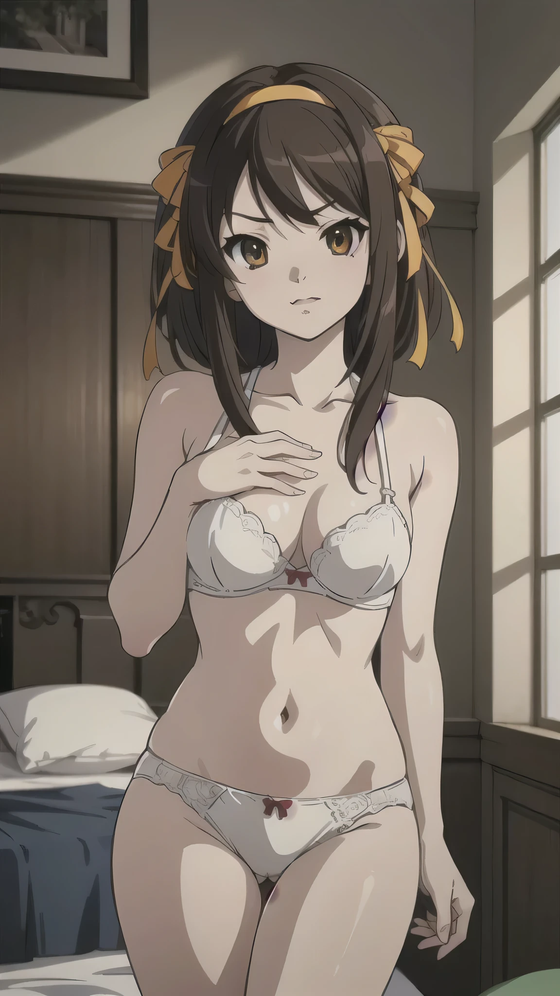 (A superb exquisite haruhi suzumiya), (haruhi suzumiya:1.5), (kyoani haruhi style Uniform:1.5), brown eyes, brown hair, natural straight hair, hairband, ribbon, straight bangs, solo, nature, extremely delicate, straight facial features, peerless beautiful girl, soft, (sensual face), ((ecchi face)), dreamy quality, exaggerated facial features, solid color, frank holly, delicate face, bright lips, slender waist, soft curves, real light and shadow, super fine, 4k, natural moving, Ultra high resolution, (masterpiece:1.2, best quality), (finely detailed beautiful eyes: 1.2), (beautiful detailed face), sexy semi-nude model, sexy pose, Ultra high definition white bra and panties, erect nipples,Medium chest, slender body, (bedroom),