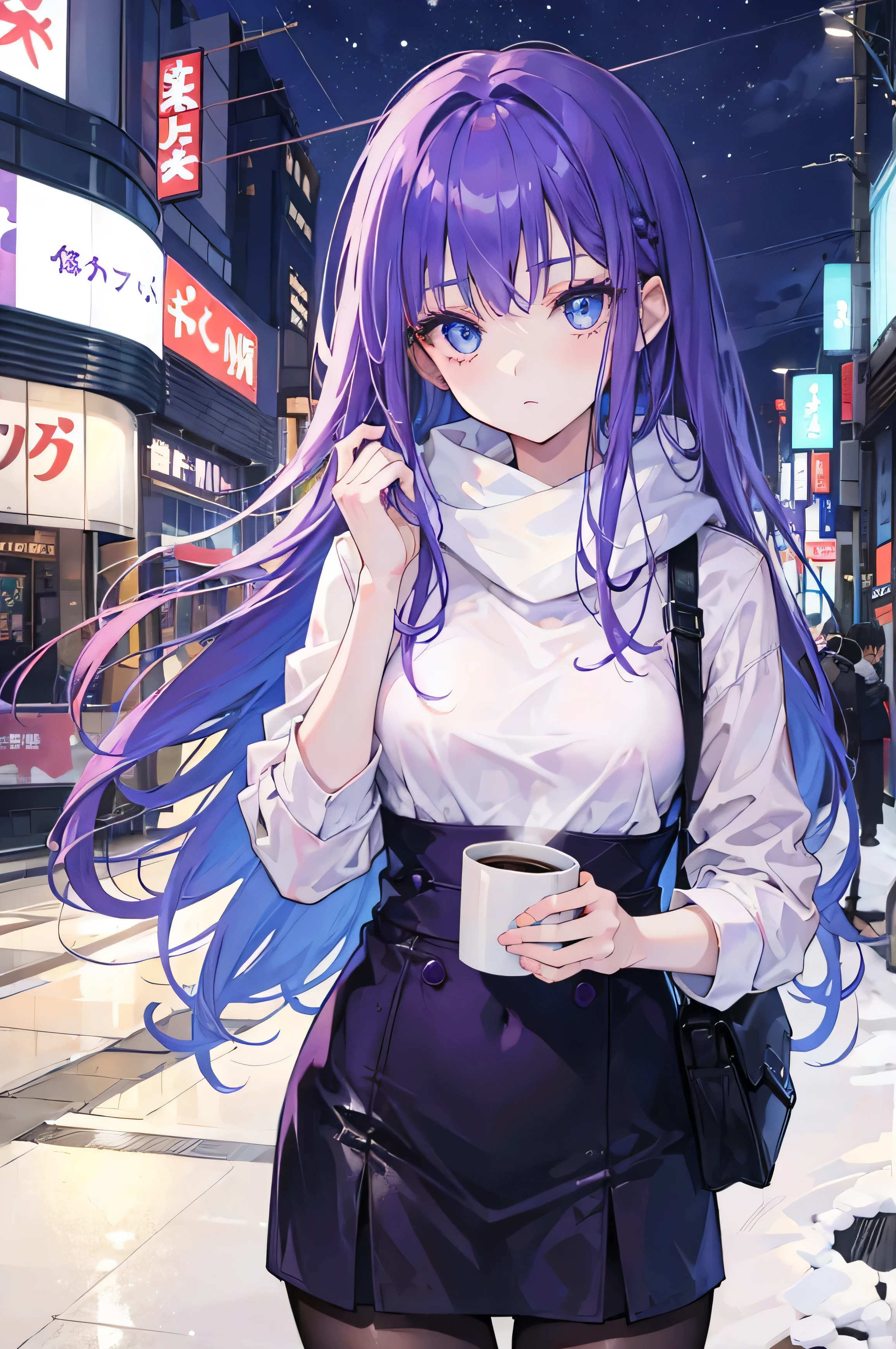 1 girl, purple hair, beautiful hair, blue eyes, make up, perfect face, perfect body, winter, tokyo, night, coffee