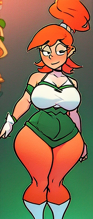 freckles, beautiful, masterpiece, st-patricks day, full body image, cel shaded, black outlines, holding beer jug, hourglass figure, orange hair, plump breasts, plump hips, plump thighs, irish, large eyes, green pupils, curly hair, rounded hair, long hair, orange eyebrows, nose, thick eyelashes, bare shoulders, white 1800's top, golden necklace, white skirt, loose green corset with yellow string with fabric extension on sides, white socks, black ballet shoes, eggshell white high socks, white thigh high stockings, freckles, forearm scrunchy