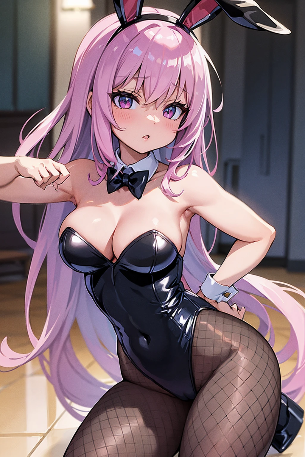 (best quality, ultra-detailed, masterpiece:1.2), woman, bunny ears, bunny tail, mature woman, leotard, shiny clothes, medium breasts, fishnet pantyhose, snfw,