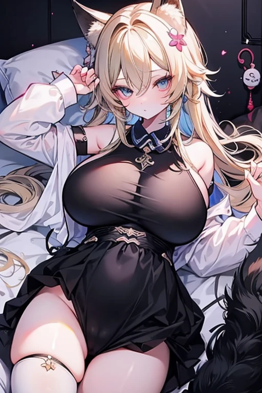 unparalleled beauty,perfect face、bedroom、lie on the bed、(two girls、too big breasts),perfect eyes、blue eye、 Xin Haicheng、animal ears、Animal tail、a blonde and a black hair、In underwear、pajamas、how would it look then'Sleeping、kiss