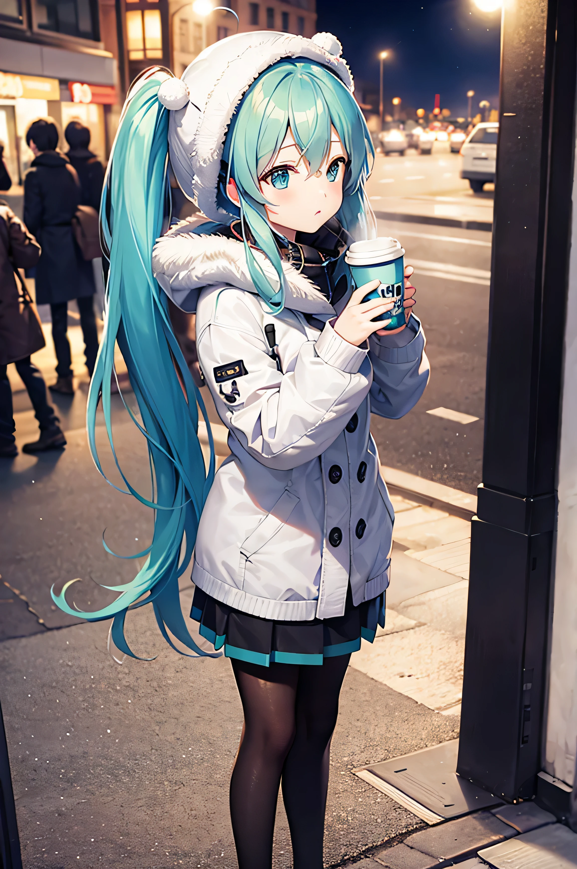 Hatsune Miku, city night, coffee, winter, cute clothes