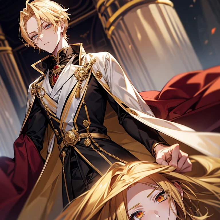 anime couple in uniform posing for picture in front of red curtain, from girls frontline, zerochan art, fine details. girls frontline, detailed key anime art, wlop and sakimichan, girls frontline style, delicate androgynous prince, zerochan, beautiful androgynous prince, kawacy, genshin, girls frontline cg, royal portrait, ultra detailed