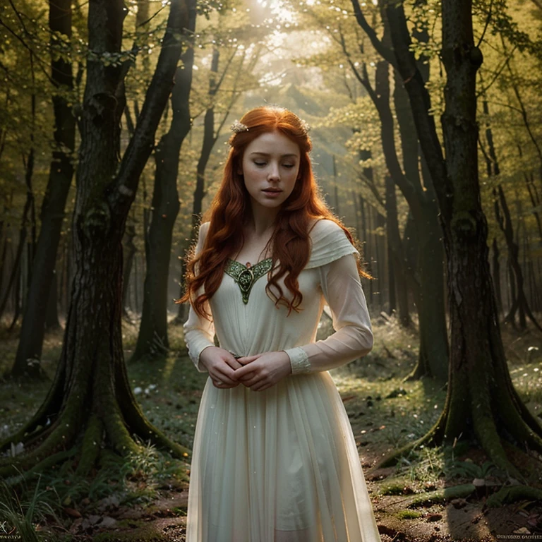 Beautiful firey red haired maiden , in a celtic winter woodland, she embodies the goddess Brigid, snowdrop flowers burst through patches of dnow, mist, magical lighting. pre-raphaelite masterpiece, Extremely beautiful young fantasy princess in aesthetic forest, Glow, archs, red hair, Backlit hair, Photorealistic, Dreamy, soft focus effect ,Sheer dress