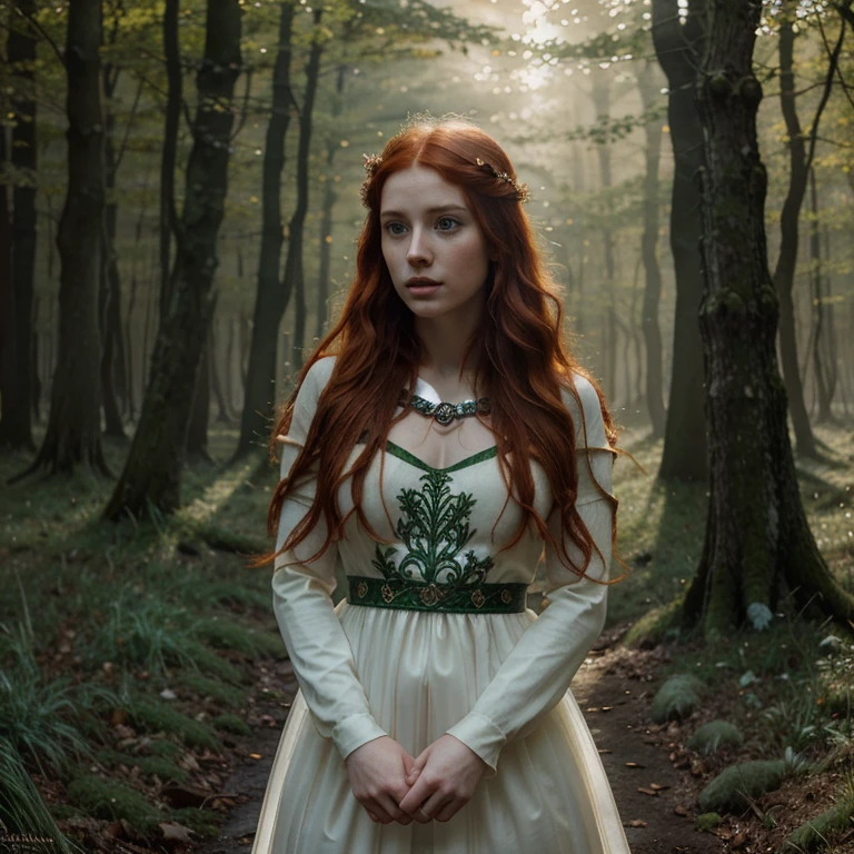 Beautiful firey red haired maiden , in a celtic winter woodland, she embodies the goddess Brigid, snowdrop flowers burst through patches of dnow, mist, magical lighting. pre-raphaelite masterpiece, Extremely beautiful young fantasy princess in aesthetic forest, Glow, archs, red hair, Backlit hair, Photorealistic, Dreamy, soft focus effect ,Sheer dress