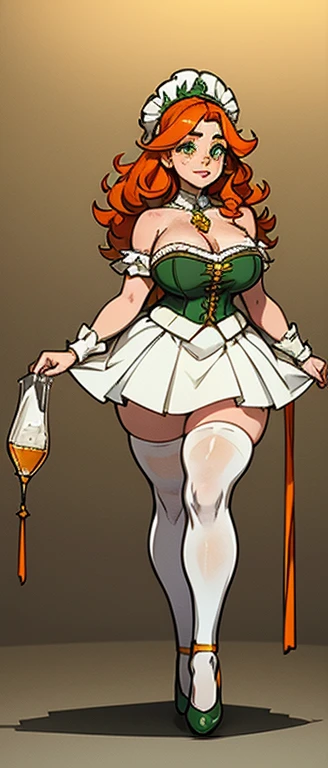 freckles, beautiful, masterpiece, st-patricks day, full body image, cel shaded, black outlines, holding beer jug, hourglass figure, orange hair, plump breasts, plump hips, plump thighs, irish, large eyes, green pupils, curly hair, rounded hair, long hair, orange eyebrows, nose, thick eyelashes, bare shoulders, white 1800's top, golden necklace, white skirt, loose green corset with yellow string with fabric extension on sides, white socks, black ballet shoes, eggshell white high socks, white thigh high stockings, freckles, upper arm scrunchy