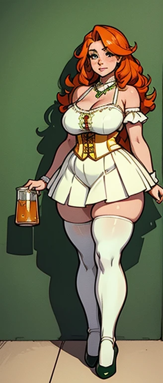freckles, beautiful, masterpiece, st-patricks day, full body image, cel shaded, black outlines, holding beer jug, hourglass figure, orange hair, plump breasts, plump hips, plump thighs, irish, large eyes, green pupils, curly hair, rounded hair, long hair, orange eyebrows, nose, thick eyelashes, bare shoulders, white 1800's top, golden necklace, white skirt, loose green corset with yellow string with fabric extension on sides, white socks, black ballet shoes, eggshell white high socks, white thigh high stockings, freckles, upper arm scrunchy