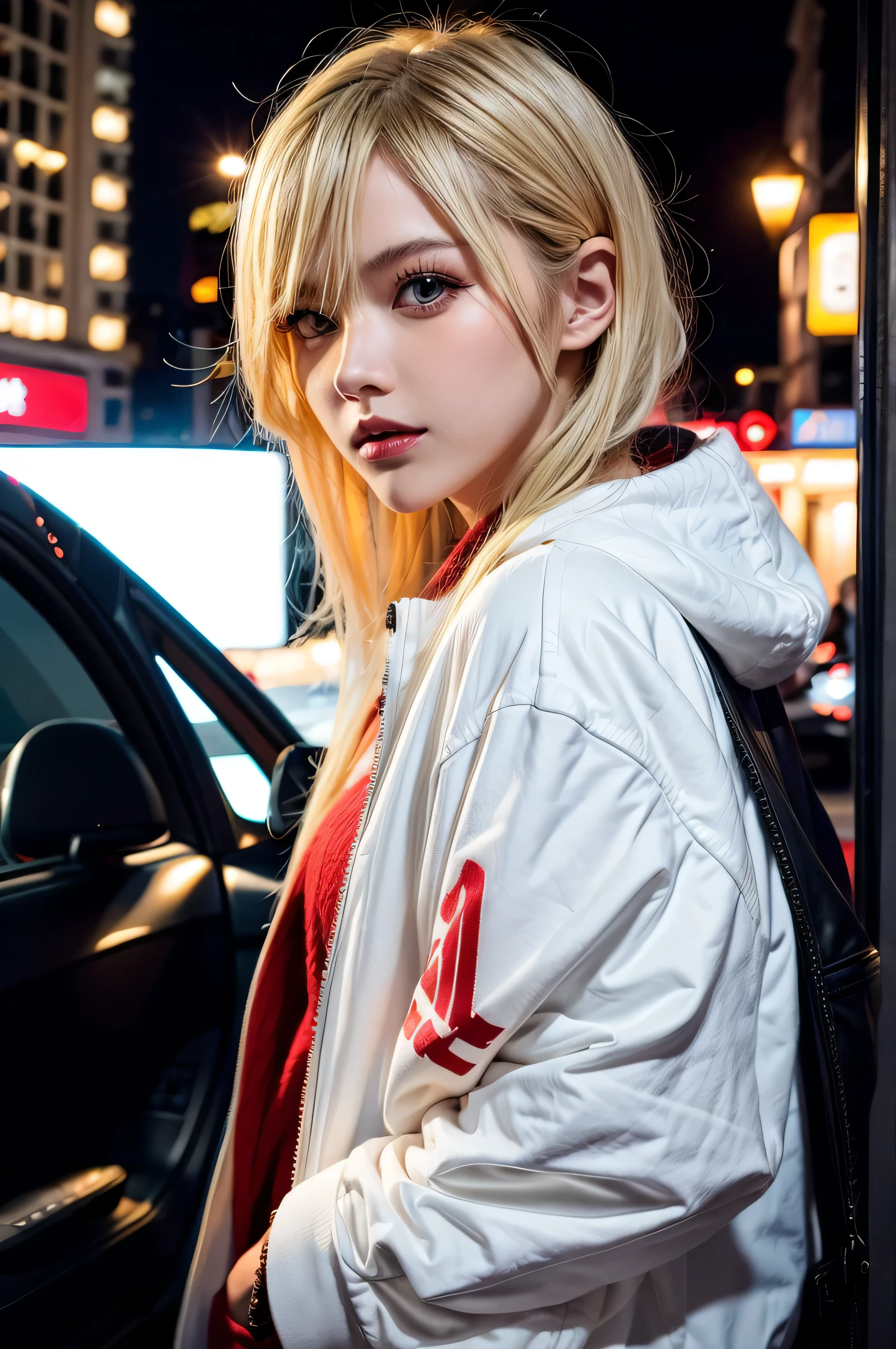 1 Girl, blonde hair, red detailed eyes, modern clothes, coffe, city, night, winter, JDM car