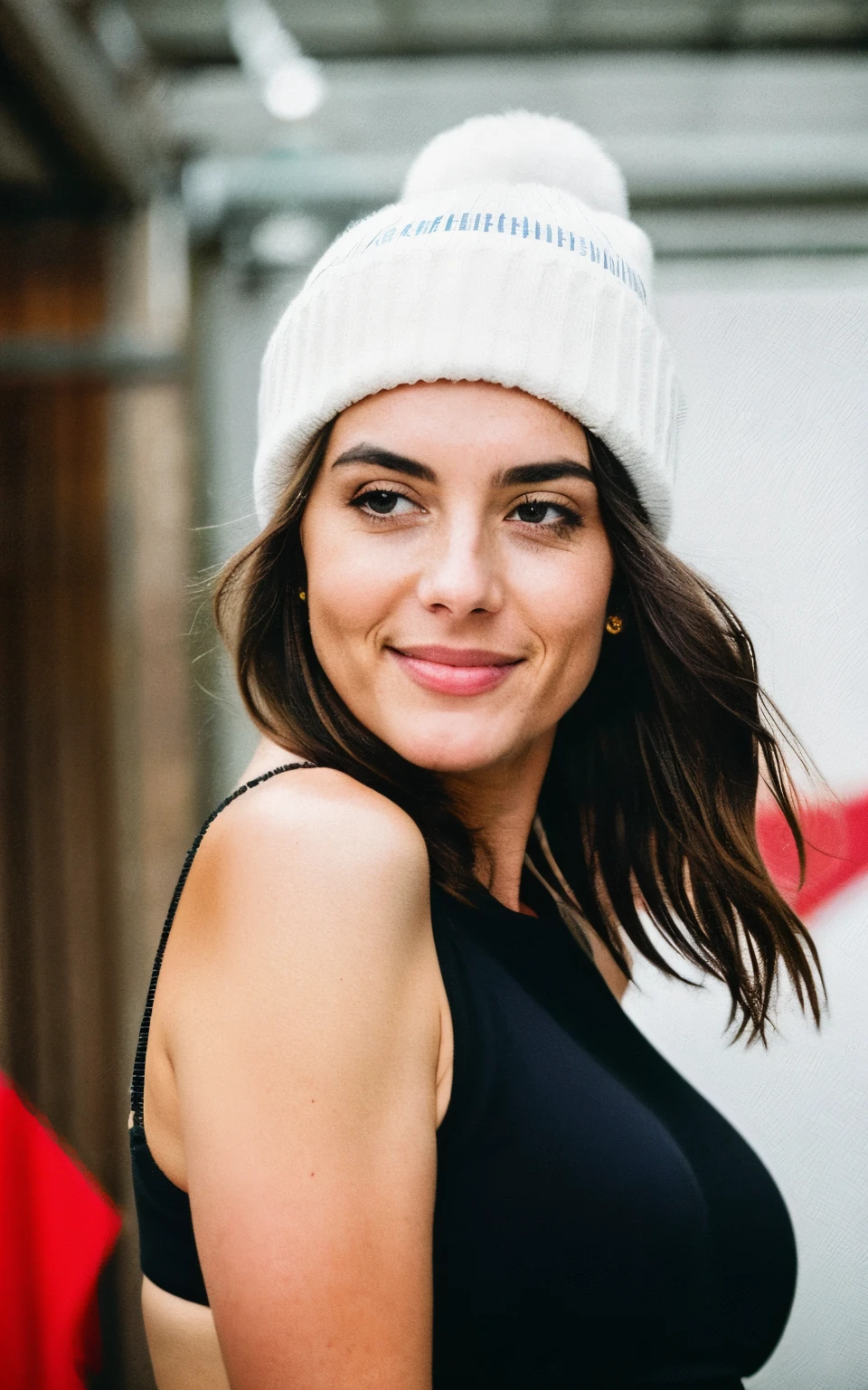 photograph, a photo of a beautiful woman, the picture was taken from a short distance, whole body, solo, without a sweater, only bra, real life at Old Trafford, stars, moon, cheerful, happy, gloves, beanie with Norwegian logo, looking at the viewer, skin texture, photo grain, RAW photo