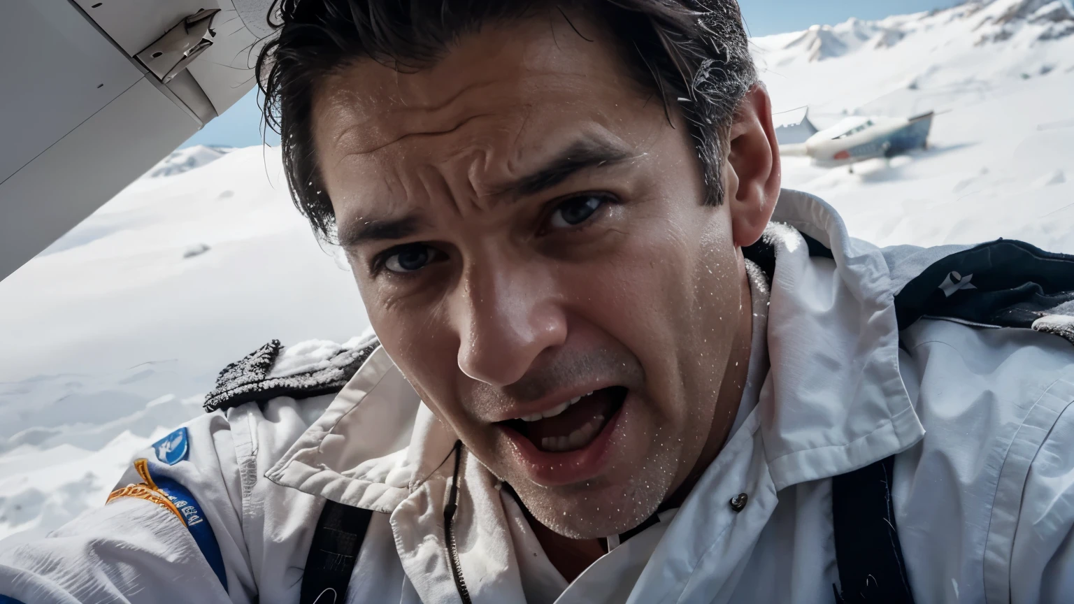 close-up view of middle-aged man, airplane pilot, screaming in pain and with an expression of determination, lying on top of a snow-covered mountain