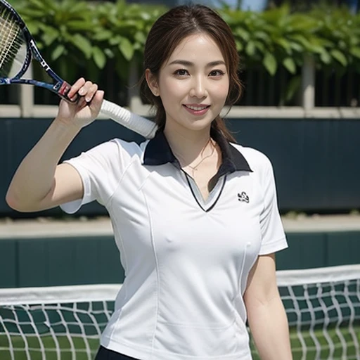 ((full body, Dynamic standing Pose:1.2)), (Beautiful Photorealistic women:1.15), (Looking at camera:1.1), (she is a Photorealistic beautiful tennis player:1.15), (Perfectly healthy and muscular body, big tits, medium tits:1.2), ((She's wearing tennis wear in tennis coart:1.3)), white wear, (small size:1.1), (8k wallpaper:1.1), Best Quality, Ultra-detailed, finely detail, hight resolution, Perfect dynamic composition, Beautiful detailed eyes, mid-chest, Natural Color Lip, Random and sexy poses, Smile, 48 years beautiful women, tennis coart, Ultra-realistic capture, Highly detailed, High resolution 16k close-up of human skin. Skin texture must be natural, With such detail that pores can be finely identified. Skin should look healthy, In a uniform tone. Use natural light and color、a Japanese actress in her 48s with a bewitchingly beautiful appearance、