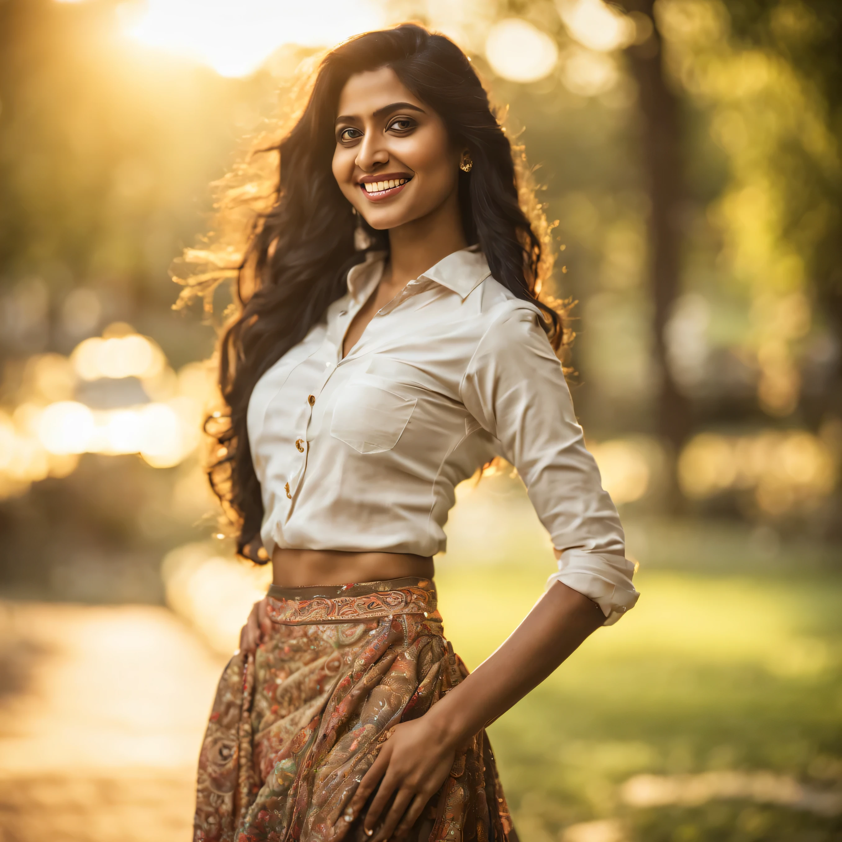 wide hips, low angle, front view, beautiful face, sharp focus, detailed skin, golden hour, skirt, shirt , Indian, photo realistic, cinematic,  (highly detailed face:1.4), (smile:0.7), (editorial photograph of a 21 year old Indian woman),