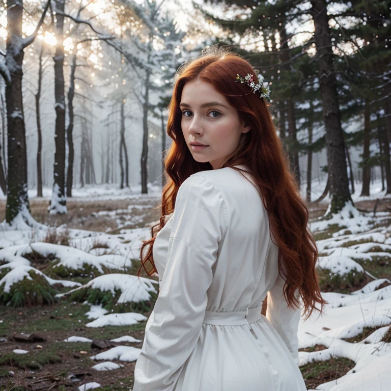 Beautiful firey red haired maiden , in a celtic winter woodland, she embodies the goddess Brigid, snowdrop flowers burst through patches of snow, mist, magical lighting. pre-raphaelite masterpiece, Extremely beautiful young fantasy princess in aesthetic forest, Glow, archs, red hair, Backlit hair, Photorealistic, Dreamy, soft focus effect ,Sheer dress