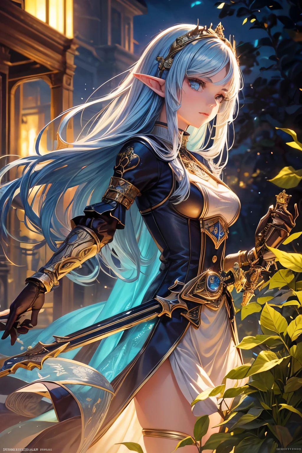 A girl with elf features, wearing elegant clothing, holding a beautifully crafted clockwork weapon. She has mesmerizing, detailed eyes and lips. Her long eyelashes accentuate her gaze. Her face is extremely detailed and realistic, radiating a sense of adventure and mystery. The clockwork weapon she's wielding is intricately designed, with delicate gears and mechanical parts. The weapon's design is a mix of antique and futuristic elements, showcasing the blending of technology and magic in this fantastical world. The girl is standing in a lush garden, surrounded by vibrant flowers and lush foliage. The sunlight gently filters through the leaves, casting a warm and enchanting glow. The color palette is rich with vibrant hues, emphasizing the magical atmosphere. The overall image should be of the highest quality, with ultra-detailed and photorealistic rendering. The lighting should be balanced and bring out the details of both the girl and the clockwork weapon. The prompt should evoke a sense of wonder and invite the viewer into a captivating fantasy world.