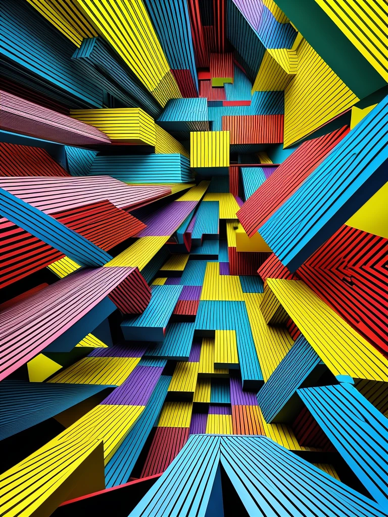 Create an optical illusion artwork featuring a rainbow, lines, ladders, and various geometric shapes. The image should be designed to create a strong visual illusion, making the viewer feel dazzled and disoriented when looking directly at it. The rainbow should twist and turn unexpectedly, intersecting with lines and ladders that seem to defy gravity and perspective. Geometric shapes like circles, triangles, and squares should be arranged in a complex, overlapping pattern that challenges the viewer's perception. The use of bright, contrasting colors and intricate patterns should enhance the dizzying effect, creating a powerful visual illusion that is both mesmerizing and disorienting.