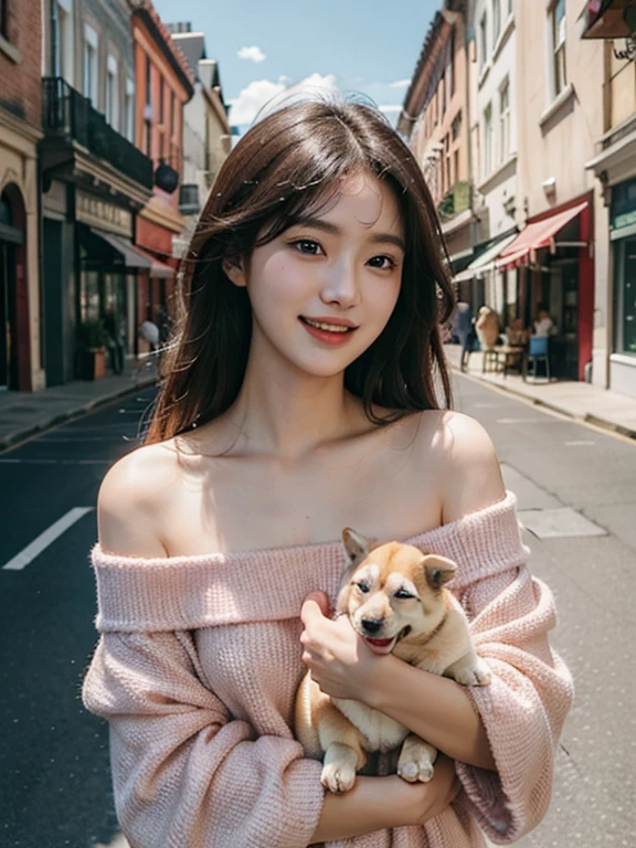 highest quality, masterpiece, Super high resolution, Photoreal, 1 girl, off shoulder, laughter、Holding a puppy、In town,