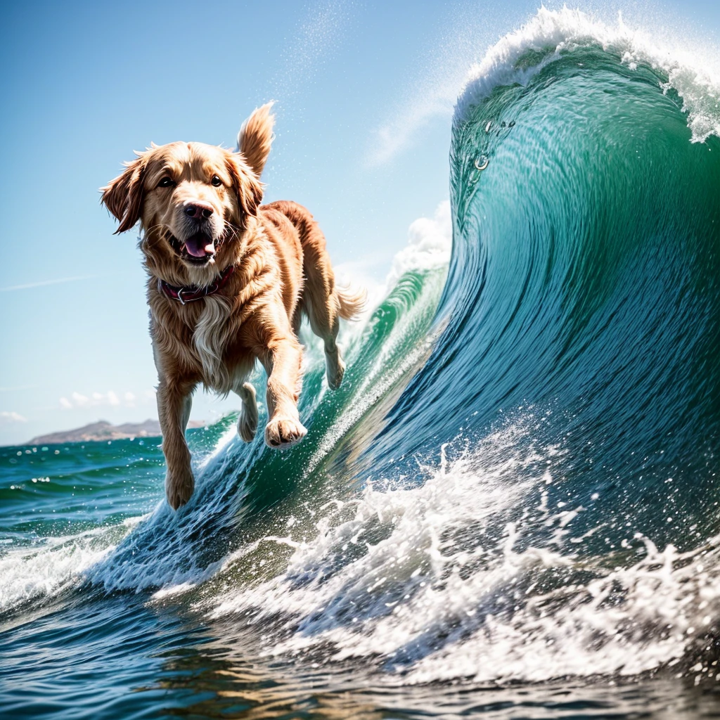 Close up foto de um golden retriever surfando no oceano, ondas, a dynamic background
