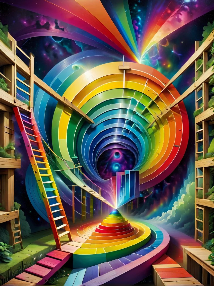 Create an optical illusion artwork featuring a rainbow, lines, ladders, and various geometric shapes. The image should be designed to create a strong visual illusion, making the viewer feel dazzled and disoriented when looking directly at it. The rainbow should twist and turn unexpectedly, intersecting with lines and ladders that seem to defy gravity and perspective. Geometric shapes like circles, triangles, and squares should be arranged in a complex, overlapping pattern that challenges the viewer's perception. The use of bright, contrasting colors and intricate patterns should enhance the dizzying effect, creating a powerful visual illusion that is both mesmerizing and disorienting.