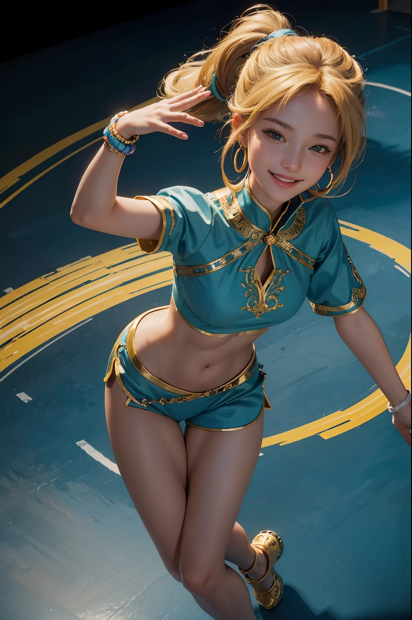 (Masterpiece: 1.3), (8K, High Definition: 1.3), Hula Hoop Girl, (1 Girl), Alluring Smile, (Detailed Face: 1.4), Long Blonde Hair, Tied in a Ponytail, Hoops Circling Hips, Bright Colored Hoop, Graceful Spins, Playful Expression, Solo Performance, Dynamic Angle, Colorful Background, Sunlit Scene, Ultra-Detailed Clothing Material, Hoops Casting Shadows, Vibrant Energy, Intricate Patterns, (Best Quality: 1.4)