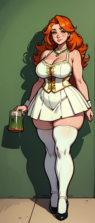 freckles, beautiful, masterpiece, st-patricks day, full body image, cel shaded, black outlines, holding beer jug, hourglass figure, orange hair, plump breasts, plump hips, plump thighs, irish, large eyes, green pupils, curly hair, rounded hair, long hair, orange eyebrows, nose, thick eyelashes, bare shoulders, white 1800's top, golden necklace, white skirt, loose green corset with yellow string with fabric extension on front avoiding midsection, white socks, black ballet shoes, eggshell white high socks, white thigh high stockings, freckles