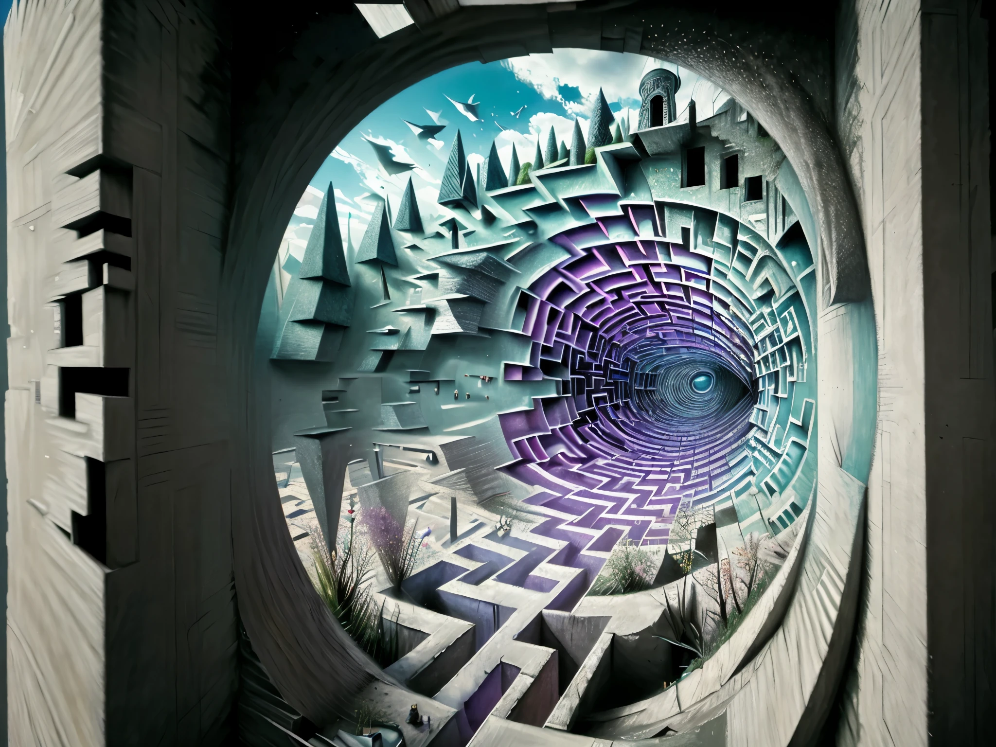 (Surrealistic, high resolution: 1.2), bright colors, girl walking in a 3D maze with optical illusion effect