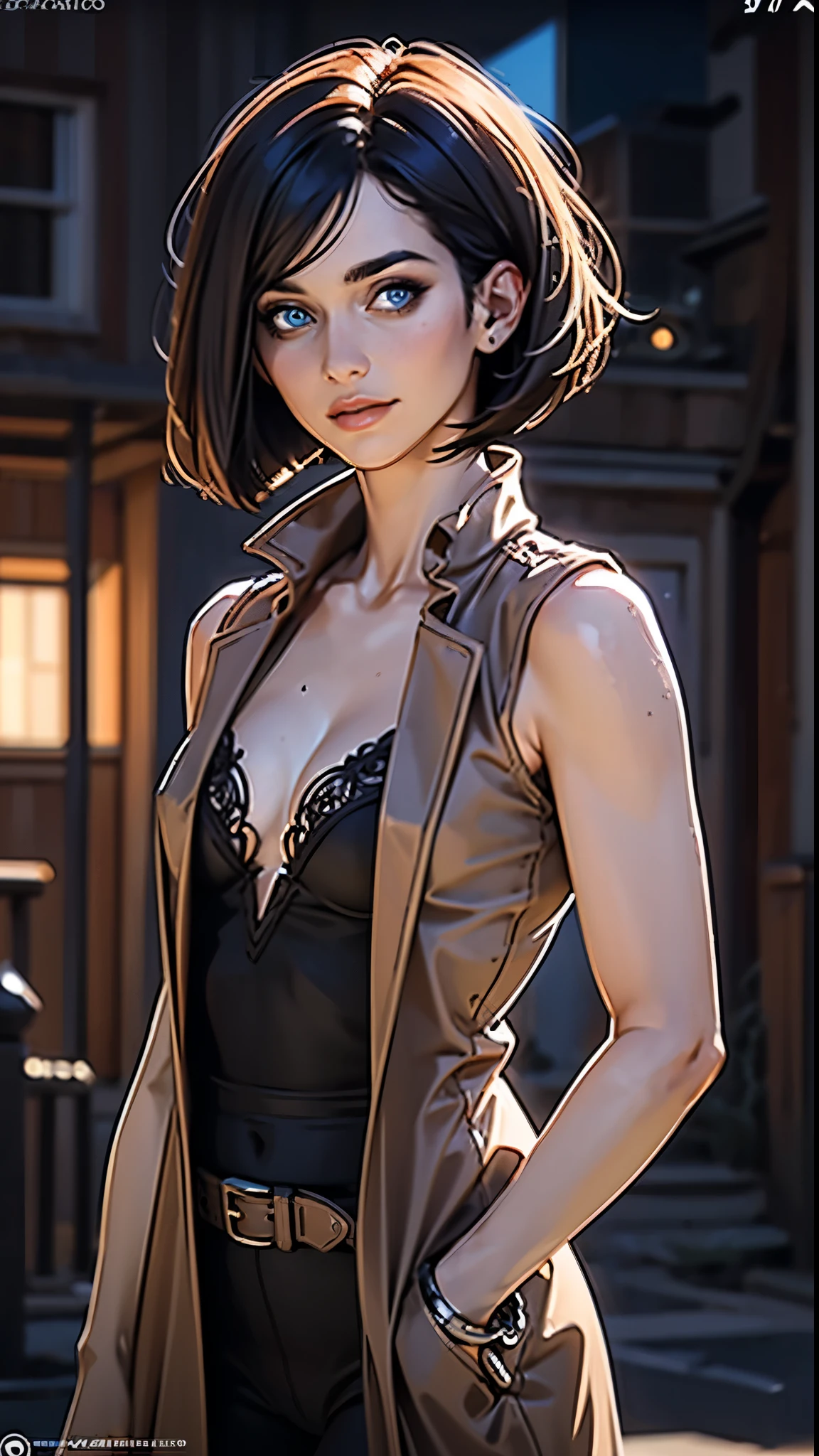 ( Ann Voskamp: 1.2), 1girl, Perfect female body,(Smooth, delicate and reflective skin), breasts, solo, (cleavage),  large breasts, blue eyes, bare shoulders, parted lips,( closed mouth:1.3), 
( dark makeup:1.1),( black eyeshadow:1.2),  ( short hair, center part), ( bob cut), no bangs, dark hair, (angled cut bob, chin length hair :1.2),
(sheath dress:1.2), (Camel coat:1.2), (clothing cutout:0.8),  modest clothing, tight brown pants, (beautiful face),(upturned small chest:1.1),bust line,
Fashion accessories, (looking at viewer:1.3),[light smile|blush], spectacle, detailed background,(street style wear:1.2), (various angles:1.2), (head shot:1.4),

astonishment, soft skin, d&d, trending on artstation, intricate details, highly detailed, pencil drawing, sketching, unreal engine, greg rutkowski, oil painting, heavy strokes, paint dripping,dreamlikeart,
(masterpiece:1.5),( best quality:1.5),( highest quality:1.5), cinematic lighting, (volumetric lighting), extremely detailed CG unity 8k wallpaper, ultra realistic, photorealistic, sharp focus,  (HDR:1.2), (high contrast), (detailed and intricate:1.5), instagram, portrait, highly detailed, digital painting, artstation, concept art, smooth, illustration, vibrant,